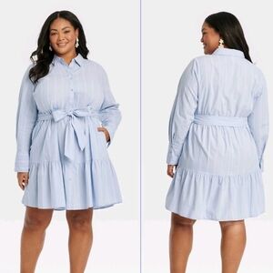Ava & Viv Long Sleeve Button Front Tie Waist Tiered Shirt Dress Blue 2x